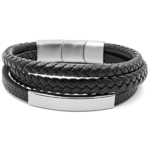 Bracelet acier pour homme - imitation cuir 3 rangs noirs - plaque acier - 19,5+1,5cm - Carla Valenti