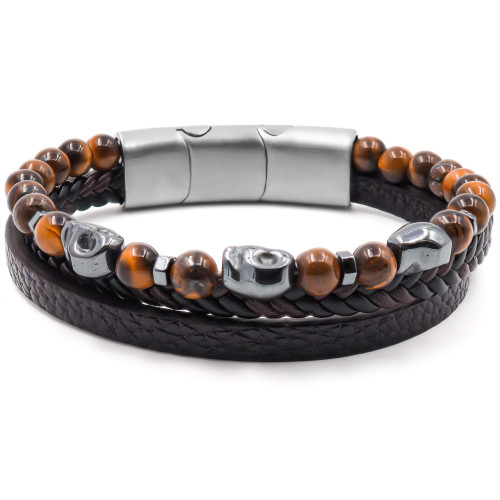 Bracelet acier pour homme imitation cuir - 2 rangs en cuir marron foncé - 1 rang  œil de tigre - 19,5+1,5cm - Carla Valenti
