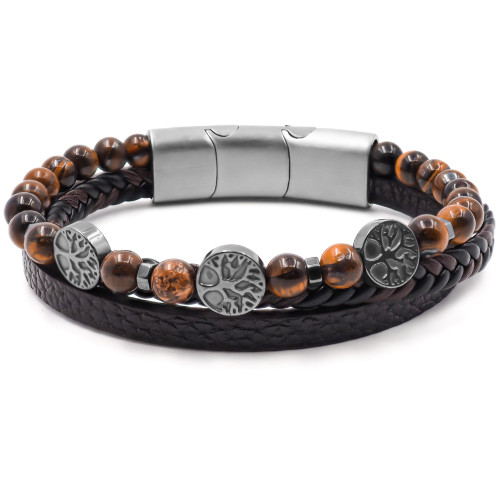 Bracelet acier pour homme imitation cuir - 2 rangs en cuir marron foncé - 1 rang en œil de tigre - arbre de vie - 19,5+1,5cm - C