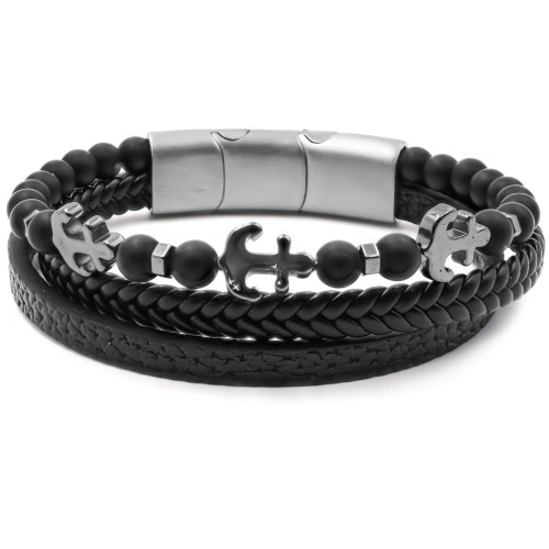 Bracelet acier pour homme imitation cuir - 2 rangs en cuir marron foncé - 1 rang en  onyx - ancre - 19,5+1,5cm - Carla Valenti