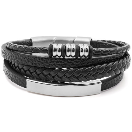 Bracelet acier pour homme - imitation cuir 3 rangs noirs - composants et plaque acier - 19,5+1,5cm - Carla Valenti