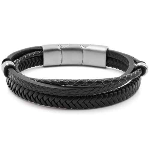 Bracelet acier pour homme - imitation cuir 3 rangs noirs - composants acier - 19,5+1,5cm - Carla Valenti