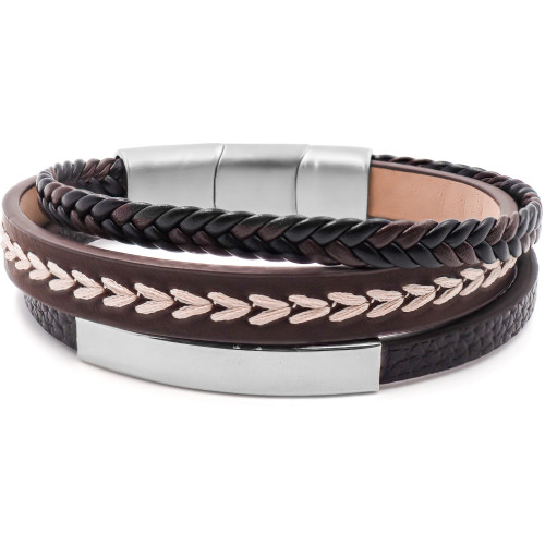 Bracelet acier pour homme - imitation cuir 3 rangs marrons - coton tressé beige - plaque acier - 19,5+1,5cm - Carla Valenti
