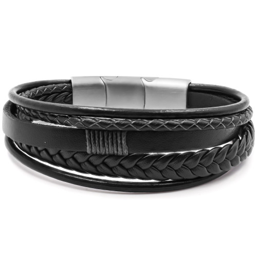 Bracelet acier pour homme - imitation cuir 5 rangs tressés et lisses noirs - 19,5+1,5cm - Carla Valenti