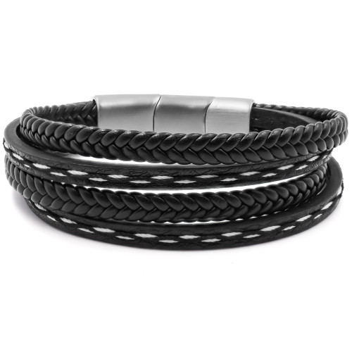 Bracelet acier pour homme - imitation cuir 4 rangs tressés et lisses noirs - 19,5+1,5cm - Carla Valenti