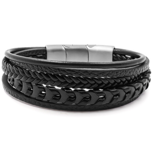 Bracelet acier pour homme - imitation cuir 5 rangs tressés et lisses noirs - 19,5+1,5cm - Carla Valenti