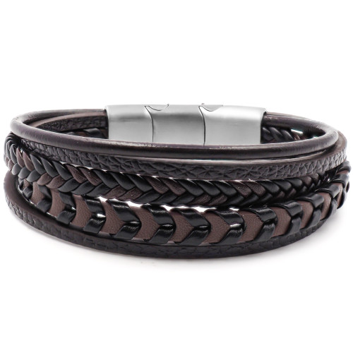 Bracelet acier pour homme - imitation cuir 5 rangs tressés et lisses marrons - 19,5+1,5cm - Carla Valenti