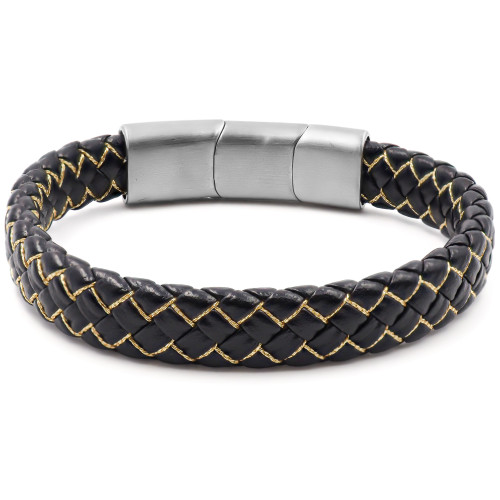 Bracelet acier pour homme - imitation cuir tressé noir - coton doré entrelacé - 19,5+1,5cm - Carla Valenti