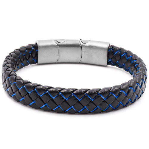 Bracelet acier pour homme - imitation cuir tressé noir - coton bleu entrelacé - 19,5+1,5cm - Carla Valenti
