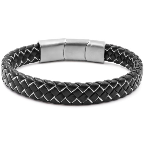 Bracelet acier pour homme - imitation cuir tressé noir - coton blanc entrelacé - 19,5+1,5cm - Carla Valenti