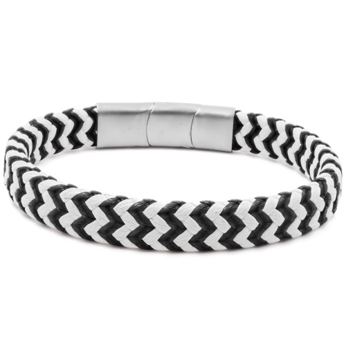 Bracelet acier pour homme - imitation cuir tressé noir et blanc - 19,5+1,5cm - Carla Valenti