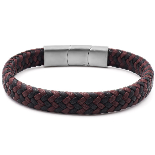 Bracelet acier pour homme - imitation cuir tressé marron et noir - 19,5+1,5cm - Carla Valenti