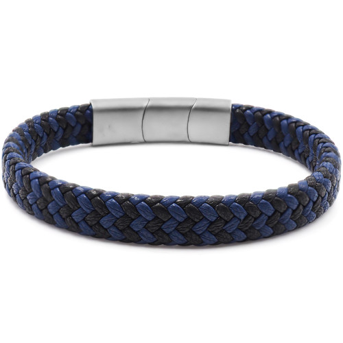 Bracelet acier pour homme - imitation cuir tressé noir et bleu - 19,5+1,5cm - Carla Valenti