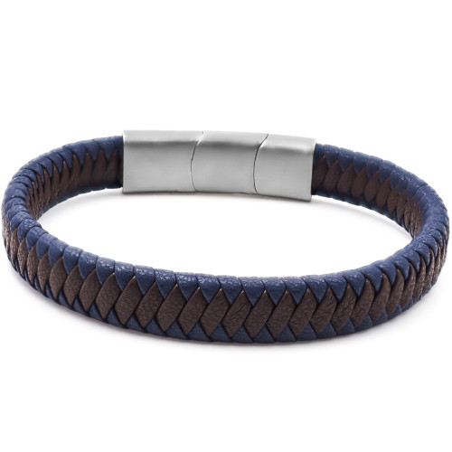 Bracelet acier pour homme - imitation cuir tressé marron et bleu - 19,5+1,5cm - Carla Valenti