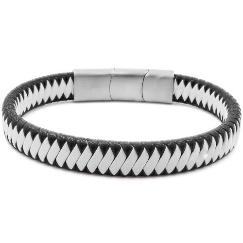 Bracelet acier pour homme - imitation cuir tressé noir et blanc - 19,5+1,5cm - Carla Valenti