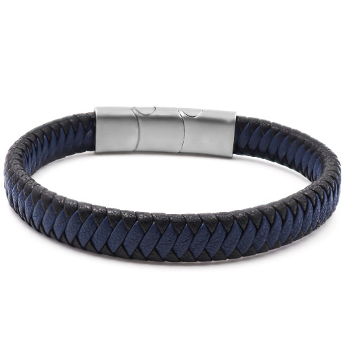 Bracelet acier pour homme - imitation cuir tressé noir et bleu - 19,5+1,5cm - Carla Valenti