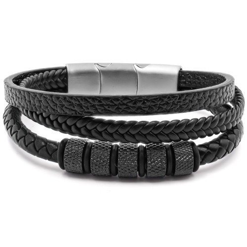 Bracelet acier pour homme - imitation cuir 3 rangs noirs - composants acier - 19,5+1,5cm - Carla Valenti
