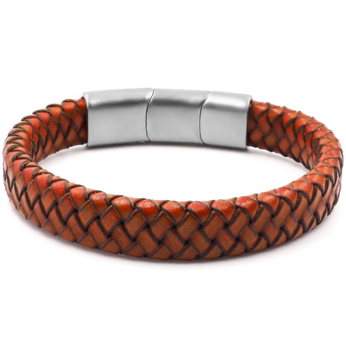 Bracelet acier pour homme - imitation cuir tressé orange - 19,5+1,5cm - Carla Valenti