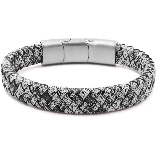 Bracelet acier pour homme - imitation cuir tressé blanc et noir - 19,5+1,5cm - Carla Valenti