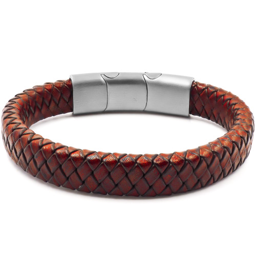 Bracelet acier pour homme - imitation cuir tressé rouge - 19,5+1,5cm - Carla Valenti