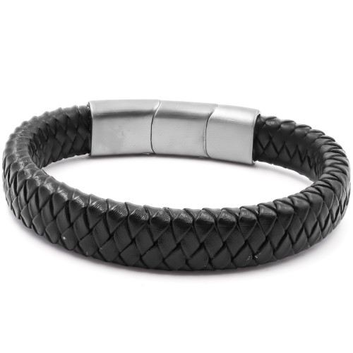 Bracelet acier pour homme - imitation cuir tressé noir - 19,5+1,5cm - Carla Valenti
