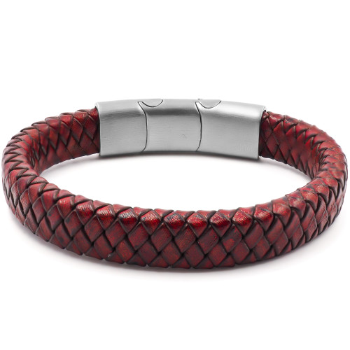 Bracelet acier pour homme - imitation cuir tressé marron - 19,5+1,5cm - Carla Valenti