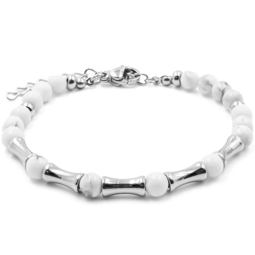 Bracelet acier - howlite blanche - billes 4mm - 15+4cm - Carla Valenti