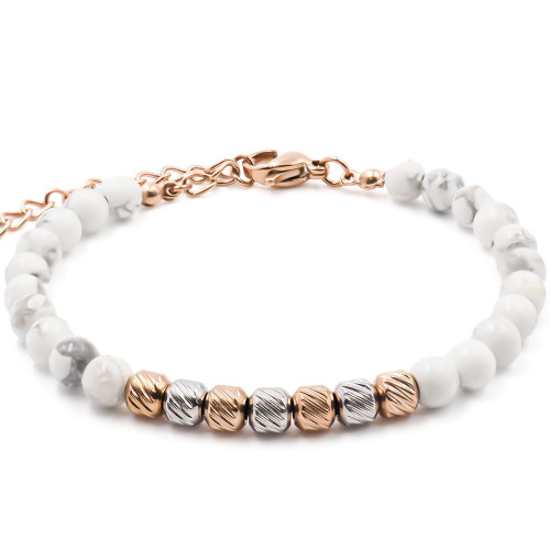 Bracelet acier rosé - billes 4mm howlite blanche - 15+4cm - Carla Valenti