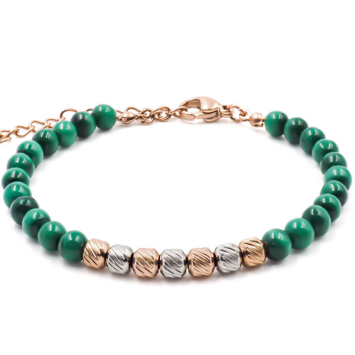 Bracelet acier rosé - billes 4mm malachite - 15+4cm - Carla Valenti