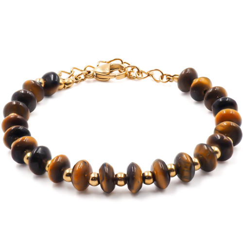 Bracelet acier doré - disques œil de tigre 6mm - 15+4cm - Carla Valenti