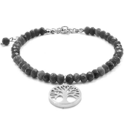 Bracelet acier - jade noire facettée 4mm - arbre de vie en nacre 13mm - 15+4cm - Carla Valenti