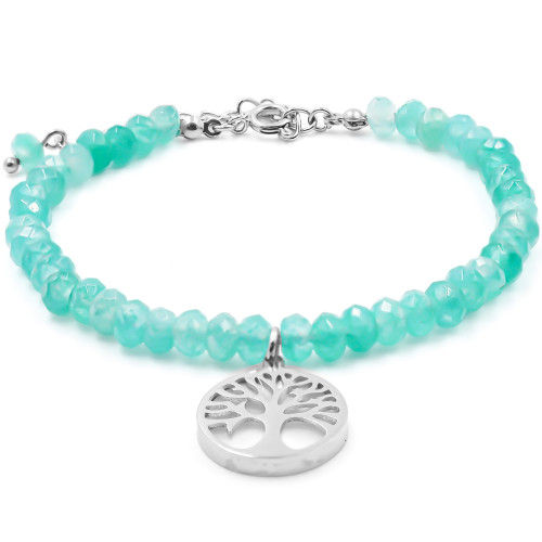 Bracelet acier - amazonite facettée 4mm - arbre de vie en nacre 13mm - 15+4cm - Carla Valenti