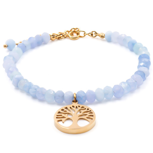 Bracelet acier doré - calcédoine facettée 4mm - arbre de vie en nacre 13mm - 15+4cm - Carla Valenti