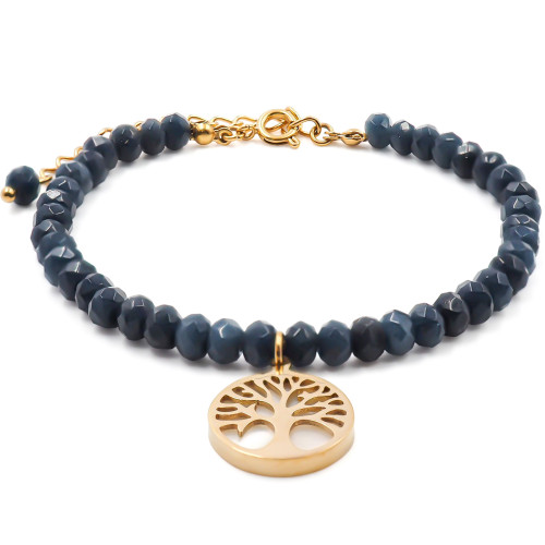 Bracelet acier doré - lapiz lazuli facettée 4mm - arbre de vie en nacre 13mm - 15+4cm - Carla Valenti