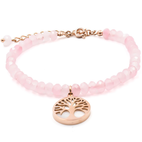 Bracelet acier rosé - quartz rose facettée 4mm - arbre de vie en nacre 13mm - 15+4cm - Carla Valenti