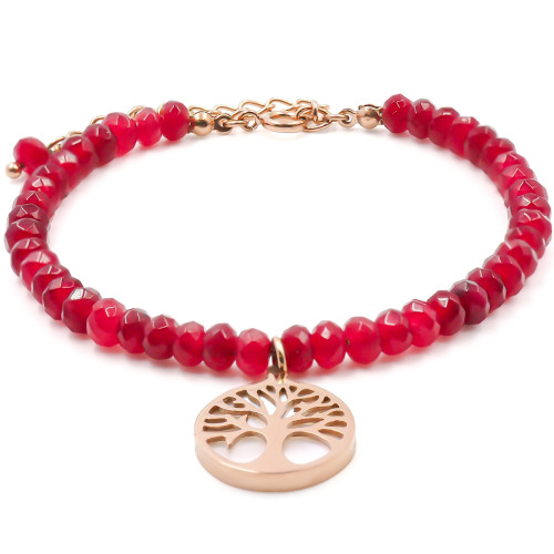 Bracelet acier rosé - quartz rouge facettée 4mm - arbre de vie en nacre 13mm - 15+4cm - Carla Valenti