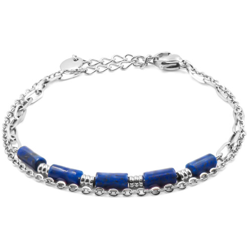 Bracelet acier 2 rangs - 4 tubes lapis lazuli 6x2mm - 15+4cm - Carla Valenti