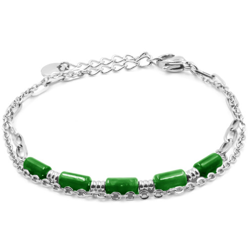 Bracelet acier 2 rangs - 4 tubes agate verte 6x2mm - 15+4cm - Carla Valenti