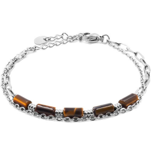 Bracelet acier 2 rangs- 4 tubes œil de tigre 6x2mm - 15+4cm - Carla Valenti