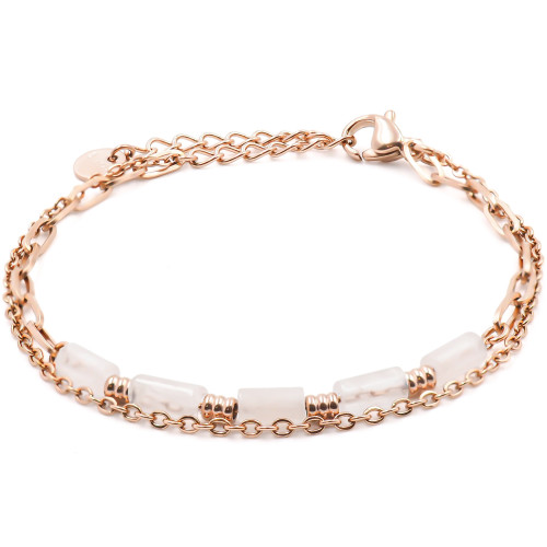 Bracelet acier rosé 2 rangs - 4 tubes quartz rose 6x2mm - 15+4cm - Carla Valenti