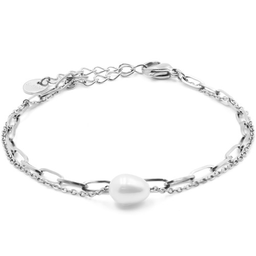 Bracelet acier 2 rangs - perle naturelle - 15+4cm - Carla Valenti