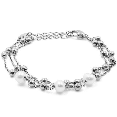Bracelet acier 2 rangs - perles naturelles - 15+4cm - Carla Valenti