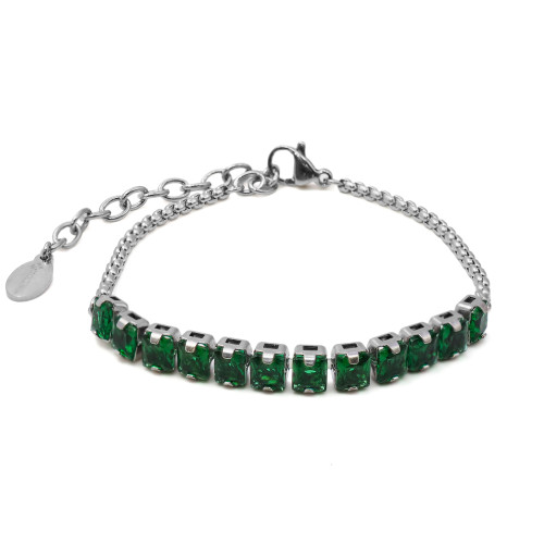 Bracelet acier - imitation émeraude carrés facettés verts 4x4mm - 15+5cm - Carla Valenti