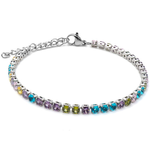Bracelet acier  - zircons mutlicolors ronds facettés 4mm - 15+5cm - Carla Valenti