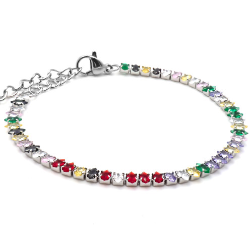 Bracelet acier  - zircons mutlicolors ronds facettés 4x2mm - 15+5cm - Carla Valenti