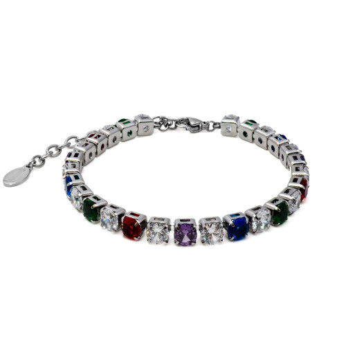 Bracelet acier - zircons blanc, violet, vert, bleu et rouge ronds facettés 5mm - 15+5cm - Carla Valenti