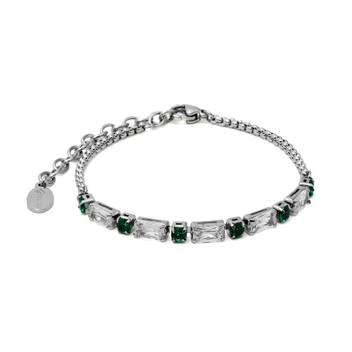 Bracelet acier - zircons blanc facettés 3x6mm et imitation éméraude facetté rond 2,5mm - 15+5cm - Carla Valenti