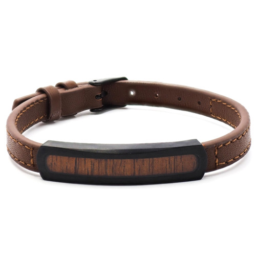 Bracelet Koa Antique - acier et cuir marron, PVD noir, bois koa incrusté - William Spencer