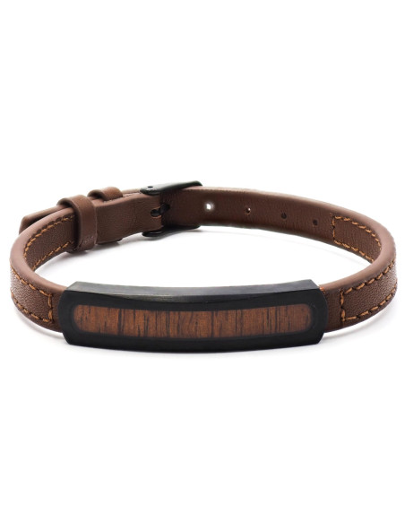 Bracelet Koa Antique - acier et cuir marron, PVD noir, bois koa incrusté - William Spencer