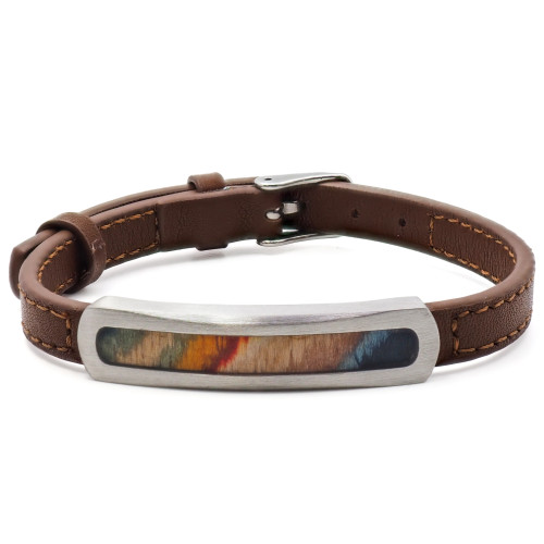 Bracelet Koa Arc-en-Terre - acier et cuir marron, PVD noir, bois teinté multicolore incrusté - William Spencer